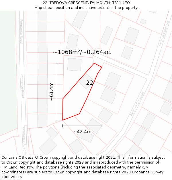 22, TREDOVA CRESCENT, FALMOUTH, TR11 4EQ: Plot and title map