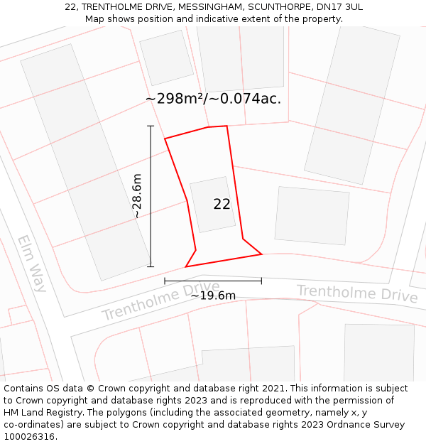 22, TRENTHOLME DRIVE, MESSINGHAM, SCUNTHORPE, DN17 3UL: Plot and title map