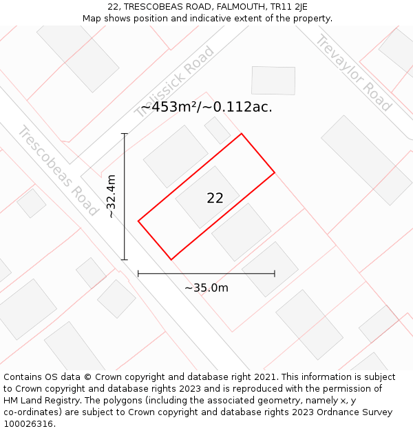 22, TRESCOBEAS ROAD, FALMOUTH, TR11 2JE: Plot and title map