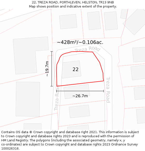 22, TREZA ROAD, PORTHLEVEN, HELSTON, TR13 9NB: Plot and title map