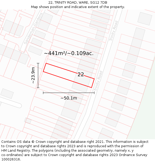 22, TRINITY ROAD, WARE, SG12 7DB: Plot and title map