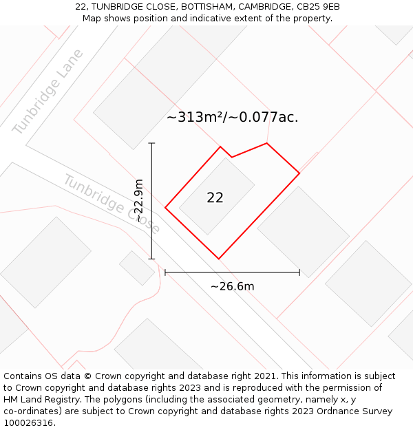 22, TUNBRIDGE CLOSE, BOTTISHAM, CAMBRIDGE, CB25 9EB: Plot and title map