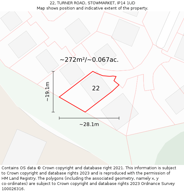 22, TURNER ROAD, STOWMARKET, IP14 1UD: Plot and title map