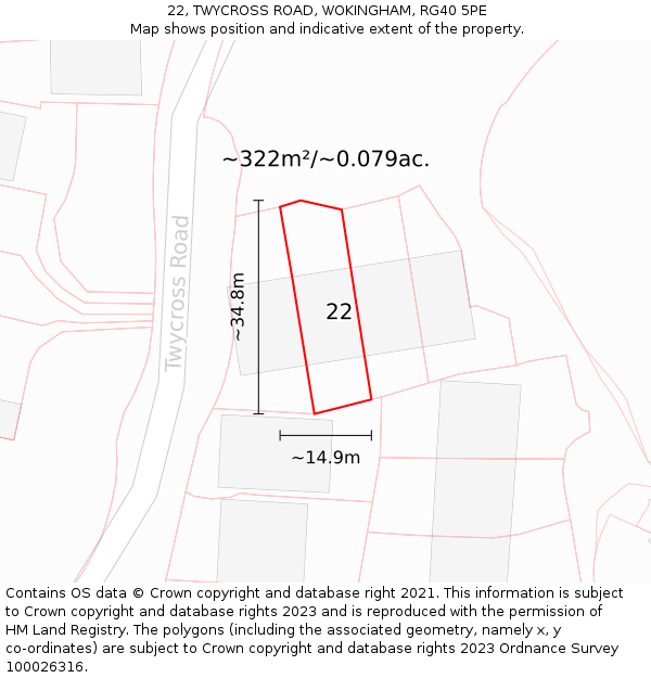 22, TWYCROSS ROAD, WOKINGHAM, RG40 5PE: Plot and title map