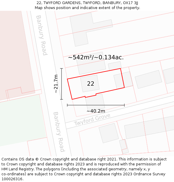 22, TWYFORD GARDENS, TWYFORD, BANBURY, OX17 3JJ: Plot and title map