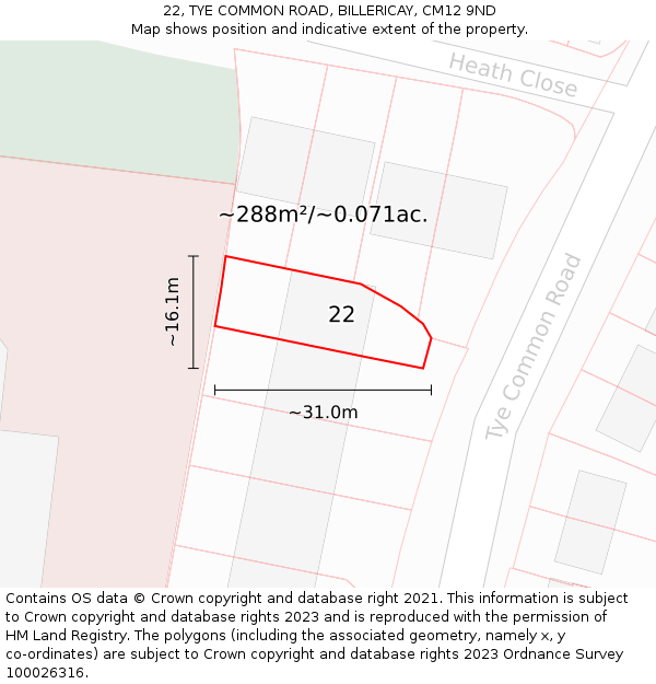 22, TYE COMMON ROAD, BILLERICAY, CM12 9ND: Plot and title map