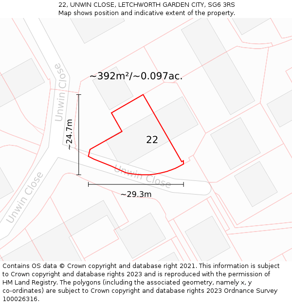 22, UNWIN CLOSE, LETCHWORTH GARDEN CITY, SG6 3RS: Plot and title map