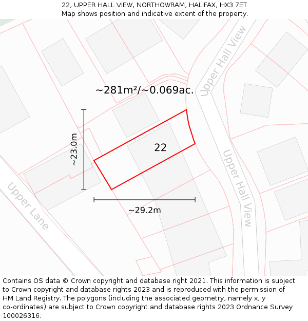 22, UPPER HALL VIEW, NORTHOWRAM, HALIFAX, HX3 7ET: Plot and title map