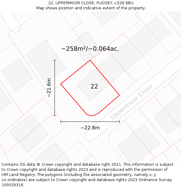 22, UPPERMOOR CLOSE, PUDSEY, LS28 8BU: Plot and title map
