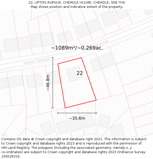 22, UPTON AVENUE, CHEADLE HULME, CHEADLE, SK8 7HX: Plot and title map