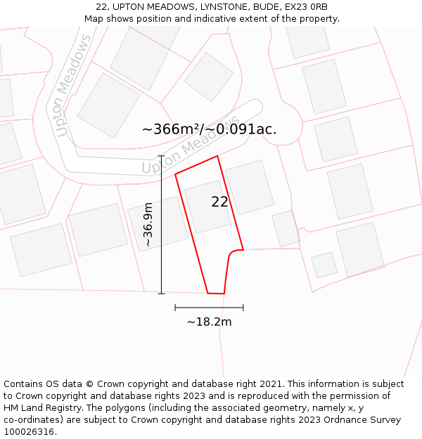 22, UPTON MEADOWS, LYNSTONE, BUDE, EX23 0RB: Plot and title map