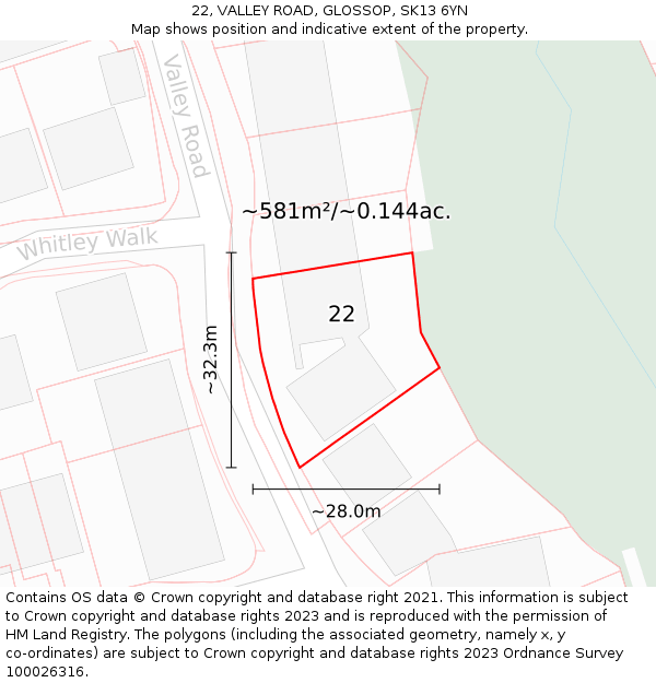 22, VALLEY ROAD, GLOSSOP, SK13 6YN: Plot and title map