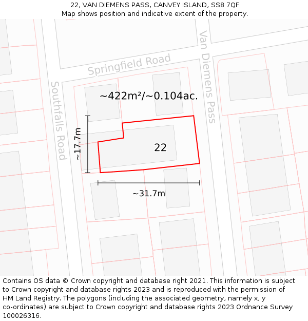 22, VAN DIEMENS PASS, CANVEY ISLAND, SS8 7QF: Plot and title map