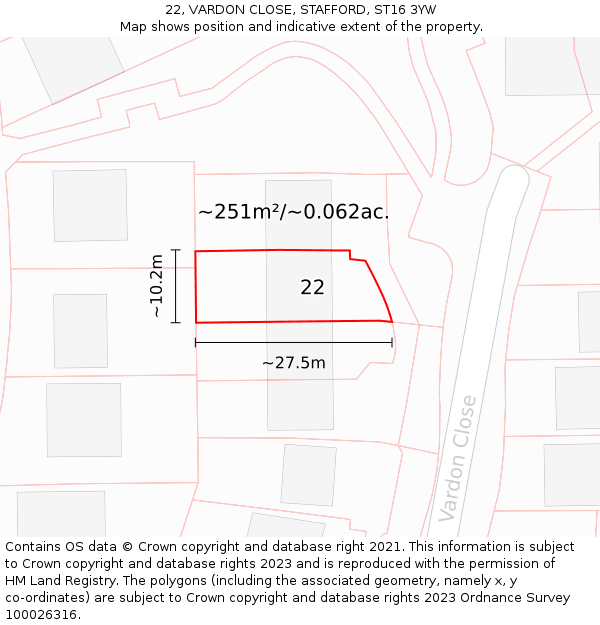 22, VARDON CLOSE, STAFFORD, ST16 3YW: Plot and title map