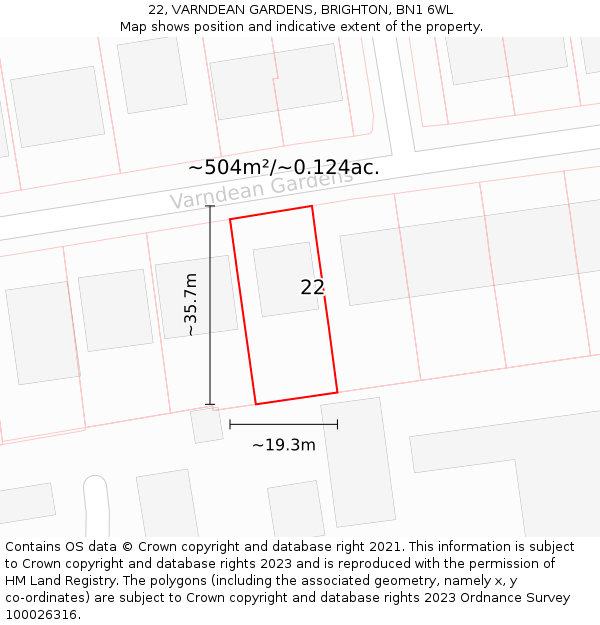 22, VARNDEAN GARDENS, BRIGHTON, BN1 6WL: Plot and title map