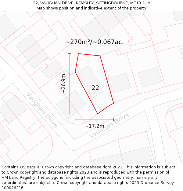 22, VAUGHAN DRIVE, KEMSLEY, SITTINGBOURNE, ME10 2UA: Plot and title map