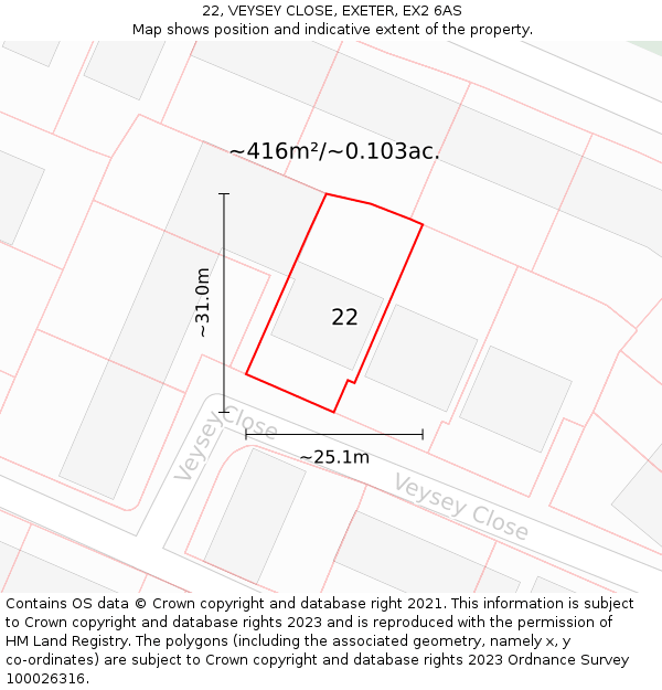 22, VEYSEY CLOSE, EXETER, EX2 6AS: Plot and title map