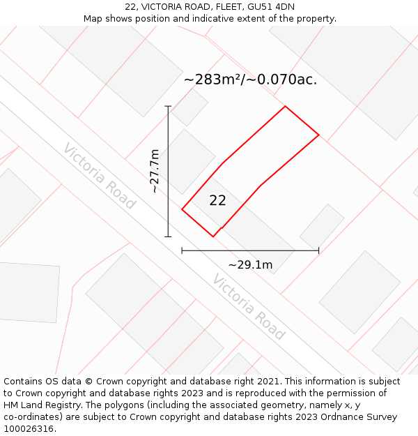 22, VICTORIA ROAD, FLEET, GU51 4DN: Plot and title map