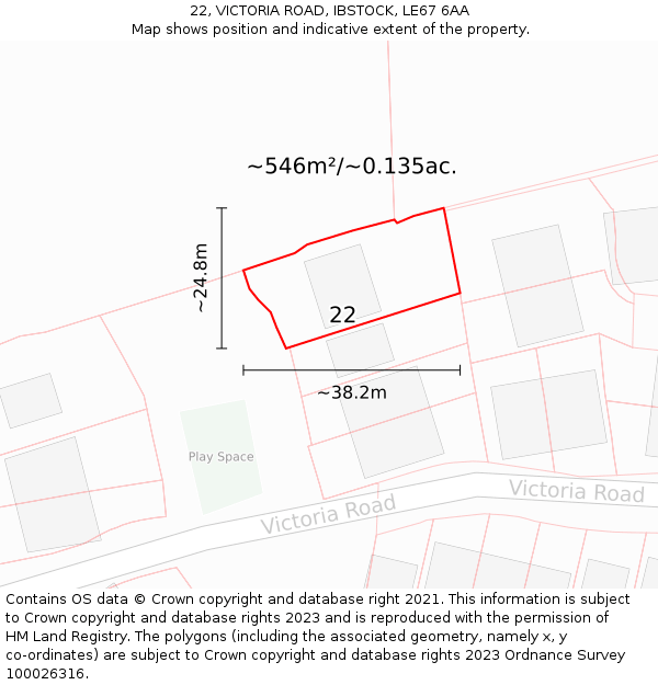 22, VICTORIA ROAD, IBSTOCK, LE67 6AA: Plot and title map