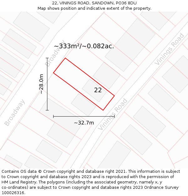 22, VININGS ROAD, SANDOWN, PO36 8DU: Plot and title map