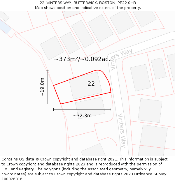 22, VINTERS WAY, BUTTERWICK, BOSTON, PE22 0HB: Plot and title map