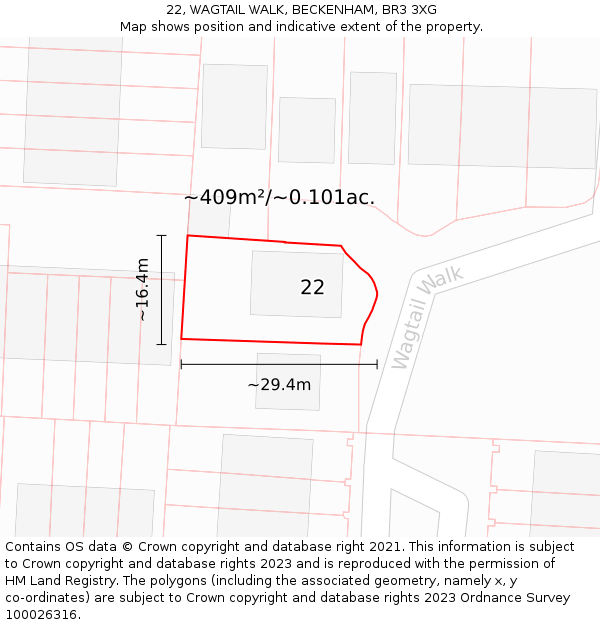 22, WAGTAIL WALK, BECKENHAM, BR3 3XG: Plot and title map