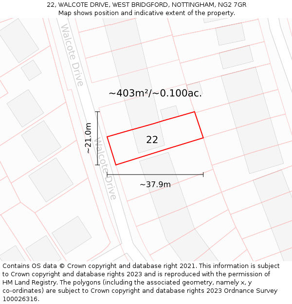 22, WALCOTE DRIVE, WEST BRIDGFORD, NOTTINGHAM, NG2 7GR: Plot and title map