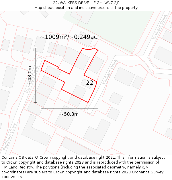 22, WALKERS DRIVE, LEIGH, WN7 2JP: Plot and title map