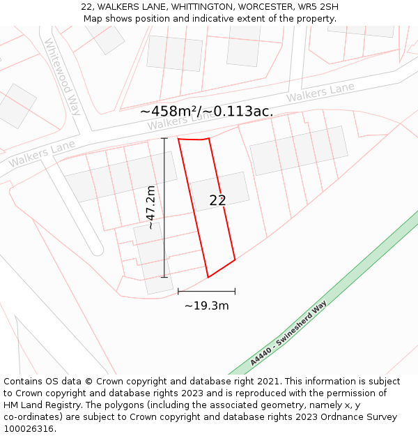 22, WALKERS LANE, WHITTINGTON, WORCESTER, WR5 2SH: Plot and title map