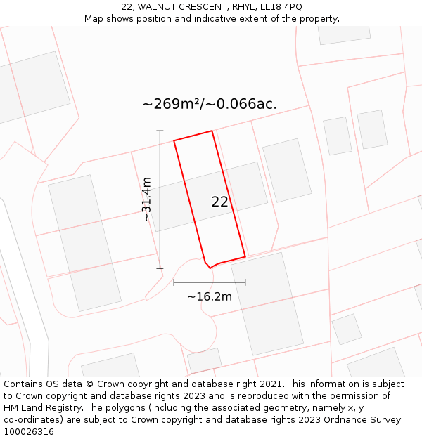 22, WALNUT CRESCENT, RHYL, LL18 4PQ: Plot and title map