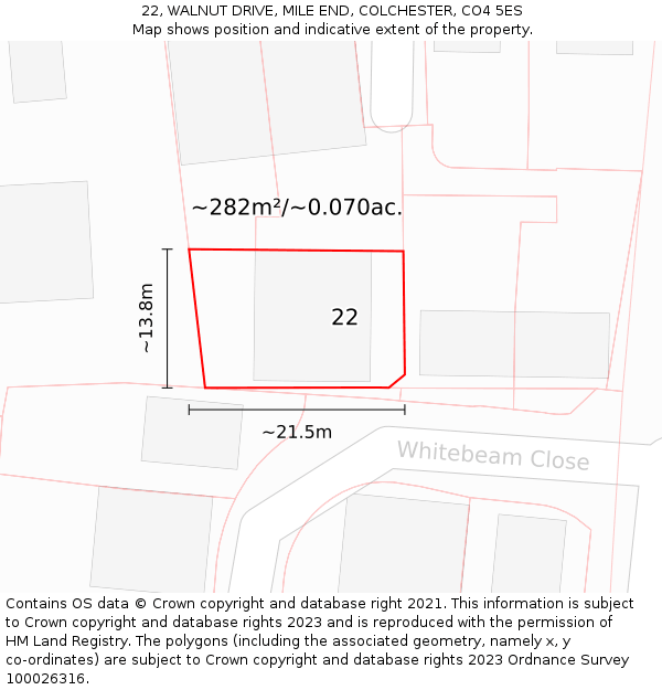 22, WALNUT DRIVE, MILE END, COLCHESTER, CO4 5ES: Plot and title map