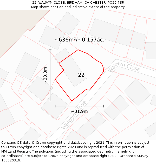 22, WALWYN CLOSE, BIRDHAM, CHICHESTER, PO20 7SR: Plot and title map