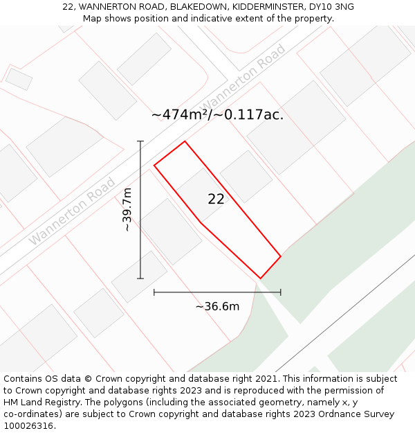 22, WANNERTON ROAD, BLAKEDOWN, KIDDERMINSTER, DY10 3NG: Plot and title map