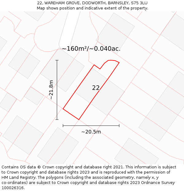 22, WAREHAM GROVE, DODWORTH, BARNSLEY, S75 3LU: Plot and title map