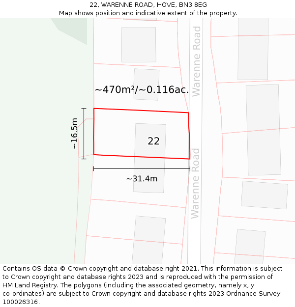 22, WARENNE ROAD, HOVE, BN3 8EG: Plot and title map