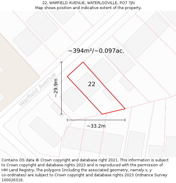 22, WARFIELD AVENUE, WATERLOOVILLE, PO7 7JN: Plot and title map