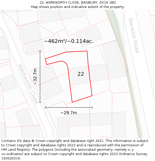 22, WARKWORTH CLOSE, BANBURY, OX16 1BD: Plot and title map
