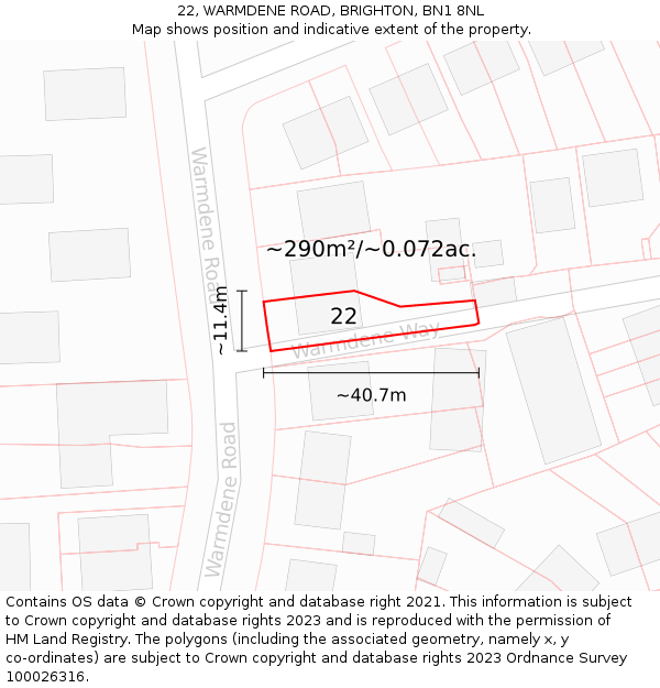 22, WARMDENE ROAD, BRIGHTON, BN1 8NL: Plot and title map