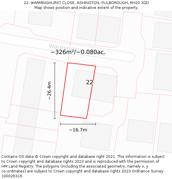 22, WARMINGHURST CLOSE, ASHINGTON, PULBOROUGH, RH20 3QD: Plot and title map