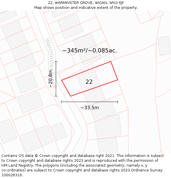 22, WARMINSTER GROVE, WIGAN, WN3 6JF: Plot and title map