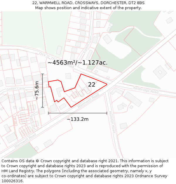 22, WARMWELL ROAD, CROSSWAYS, DORCHESTER, DT2 8BS: Plot and title map