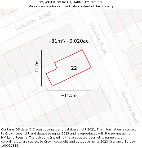 22, WATERLOO ROAD, BARNSLEY, S70 6EL: Plot and title map