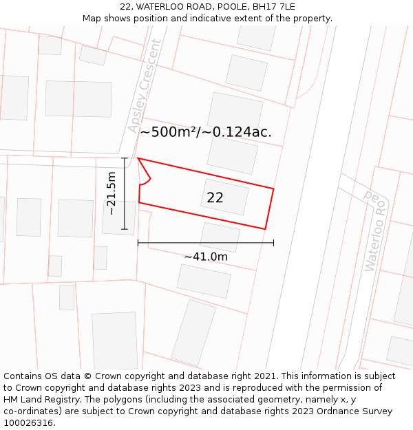 22, WATERLOO ROAD, POOLE, BH17 7LE: Plot and title map