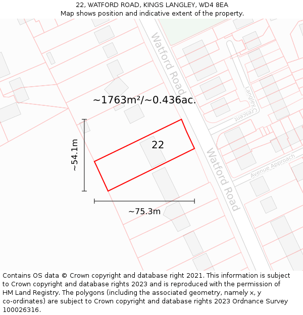 22, WATFORD ROAD, KINGS LANGLEY, WD4 8EA: Plot and title map