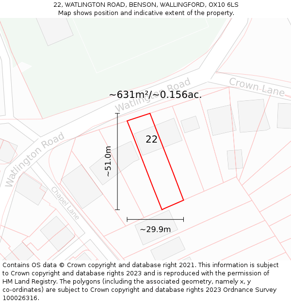 22, WATLINGTON ROAD, BENSON, WALLINGFORD, OX10 6LS: Plot and title map