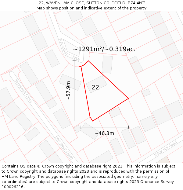 22, WAVENHAM CLOSE, SUTTON COLDFIELD, B74 4NZ: Plot and title map