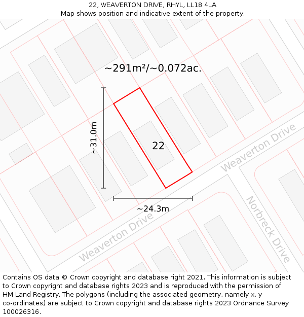 22, WEAVERTON DRIVE, RHYL, LL18 4LA: Plot and title map