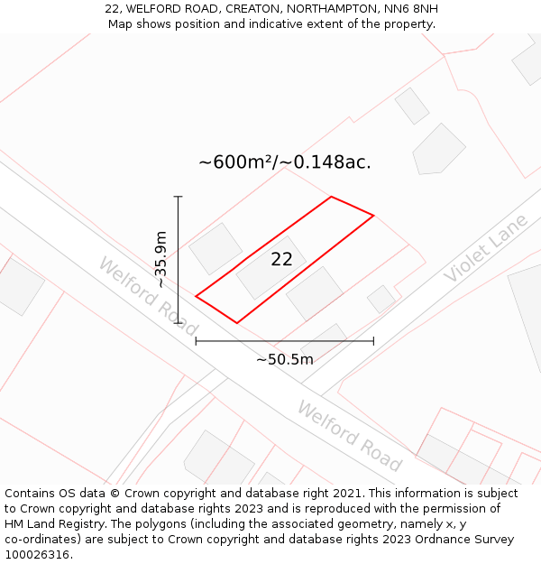 22, WELFORD ROAD, CREATON, NORTHAMPTON, NN6 8NH: Plot and title map