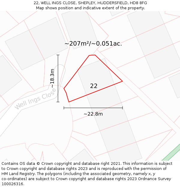 22, WELL INGS CLOSE, SHEPLEY, HUDDERSFIELD, HD8 8FG: Plot and title map