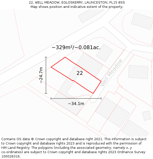 22, WELL MEADOW, EGLOSKERRY, LAUNCESTON, PL15 8SS: Plot and title map